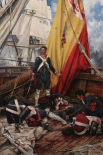 Mi bandera. Augusto Ferrer-Dalmau. En el combate naval del cabo de San Vicente el 14 de febrero de 1797. Martín Alvarez protegía la enseña en la toldilla del"San Nicolás de Bari"